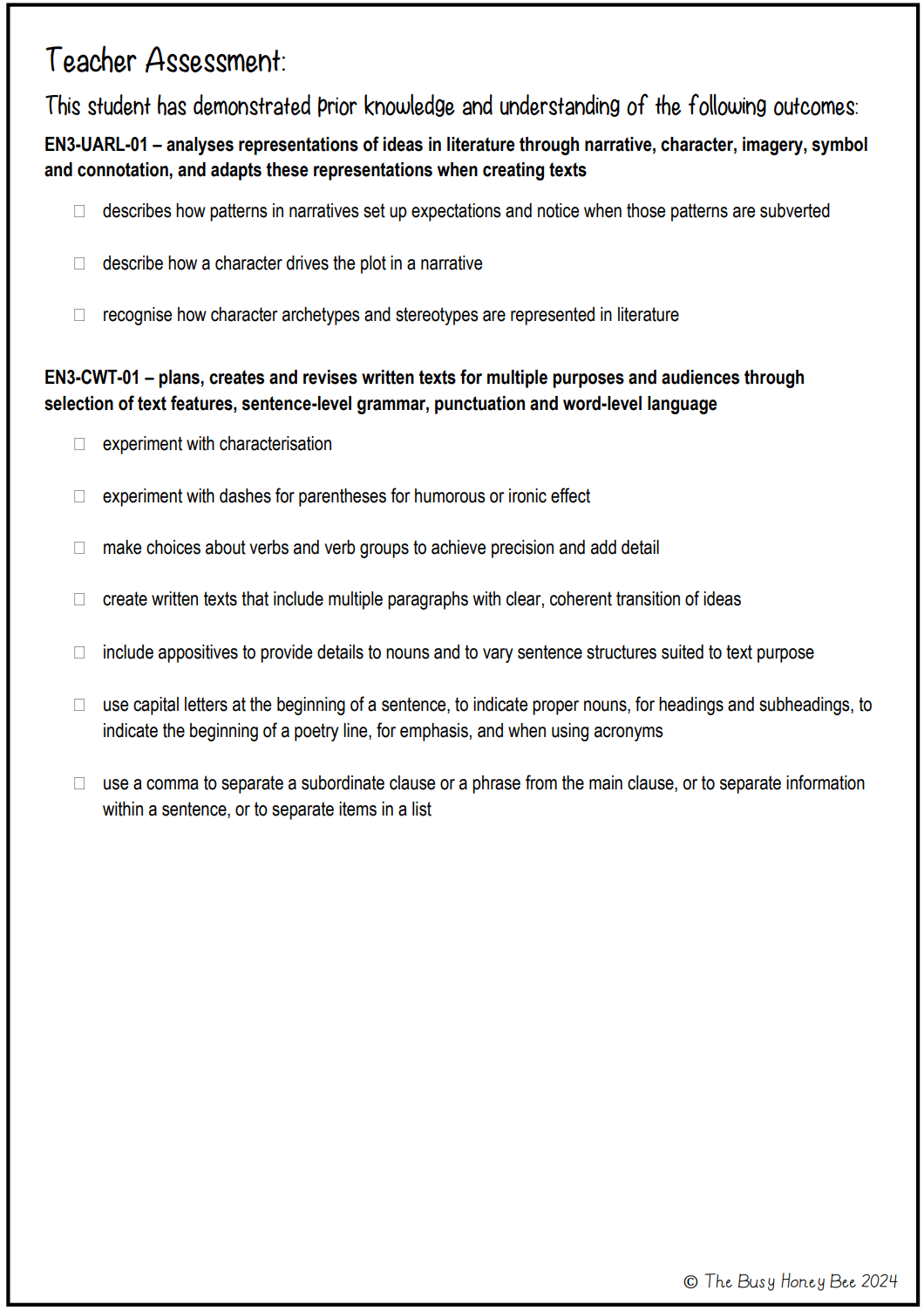 Multi Age 3-6 Year B Unit 1 Narrative Writing Pre-Assessment - Assessment
