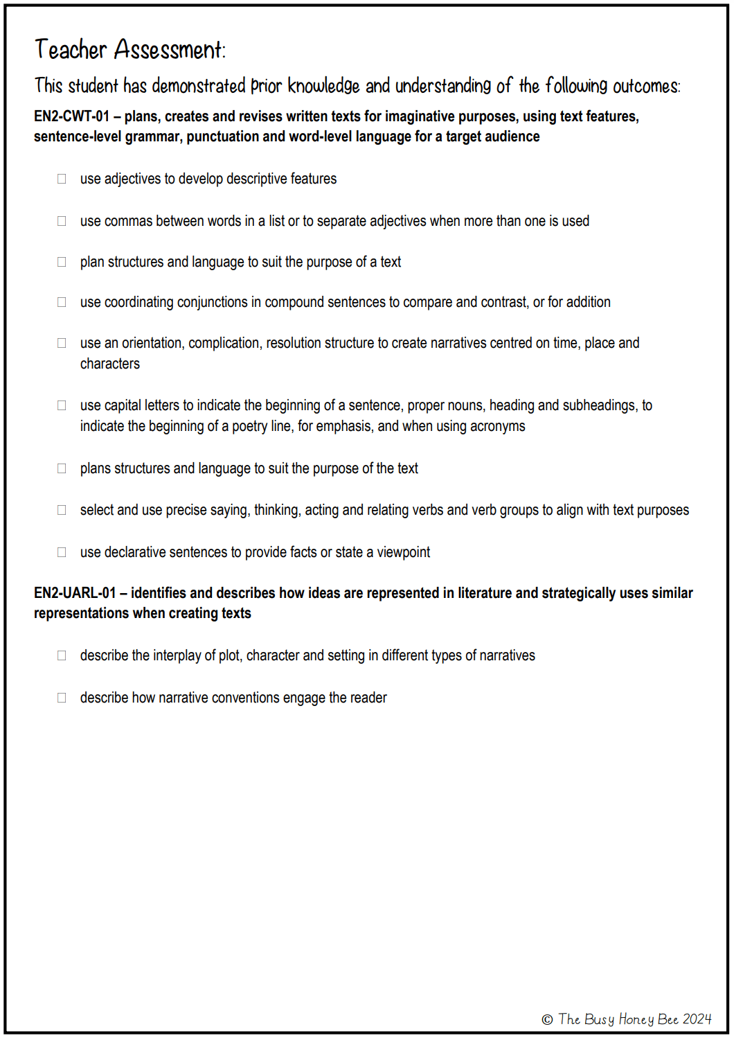 Multi Age 3-6 Year B Unit 1 Narrative Writing Pre-Assessment - Assessment
