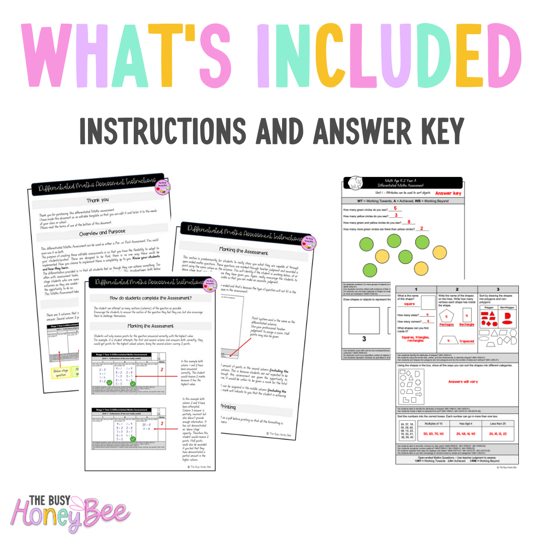 Multi Age K-2 Year A Differentiated NSW Maths Assessment Unit 1 - Assessment