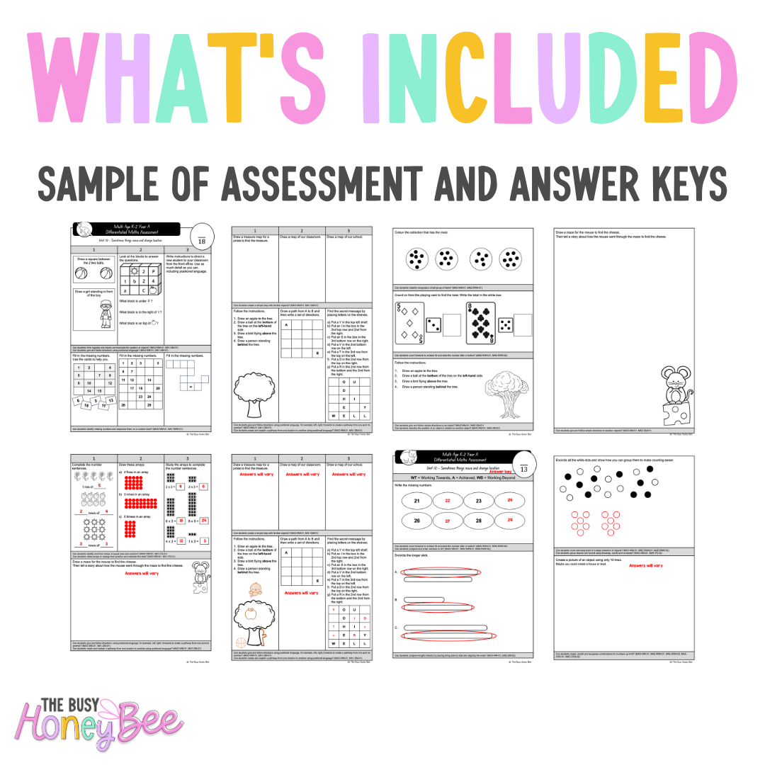 Multi Age K-2 Year A Differentiated NSW Maths Assessment Unit 10 - Assessment