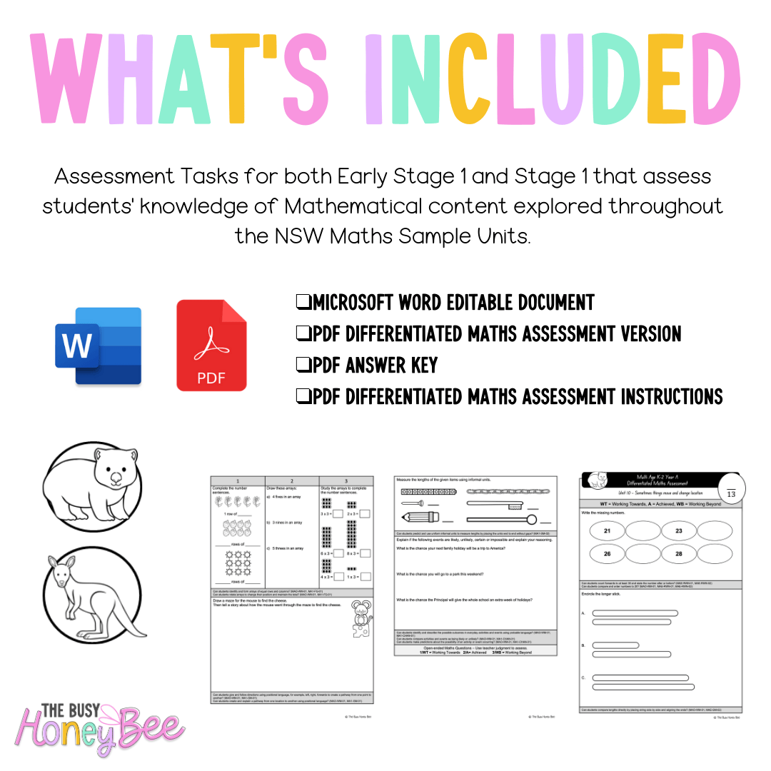 Multi Age K-2 Year A Differentiated NSW Maths Assessment Unit 10 - Assessment