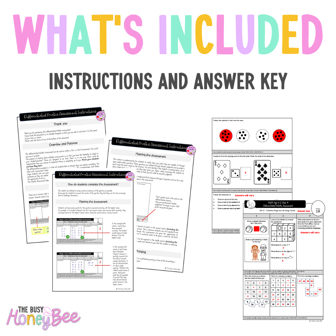 Multi Age K-2 Year A Differentiated NSW Maths Assessment Unit 10 - Assessment