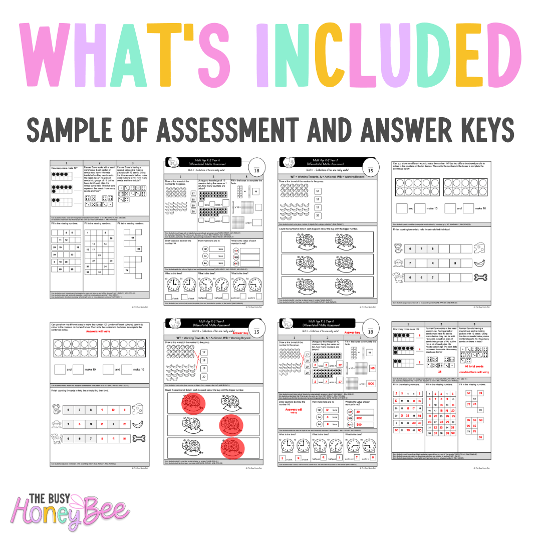 Multi Age K-2 Year A Differentiated NSW Maths Assessment Unit 11 - Assessment