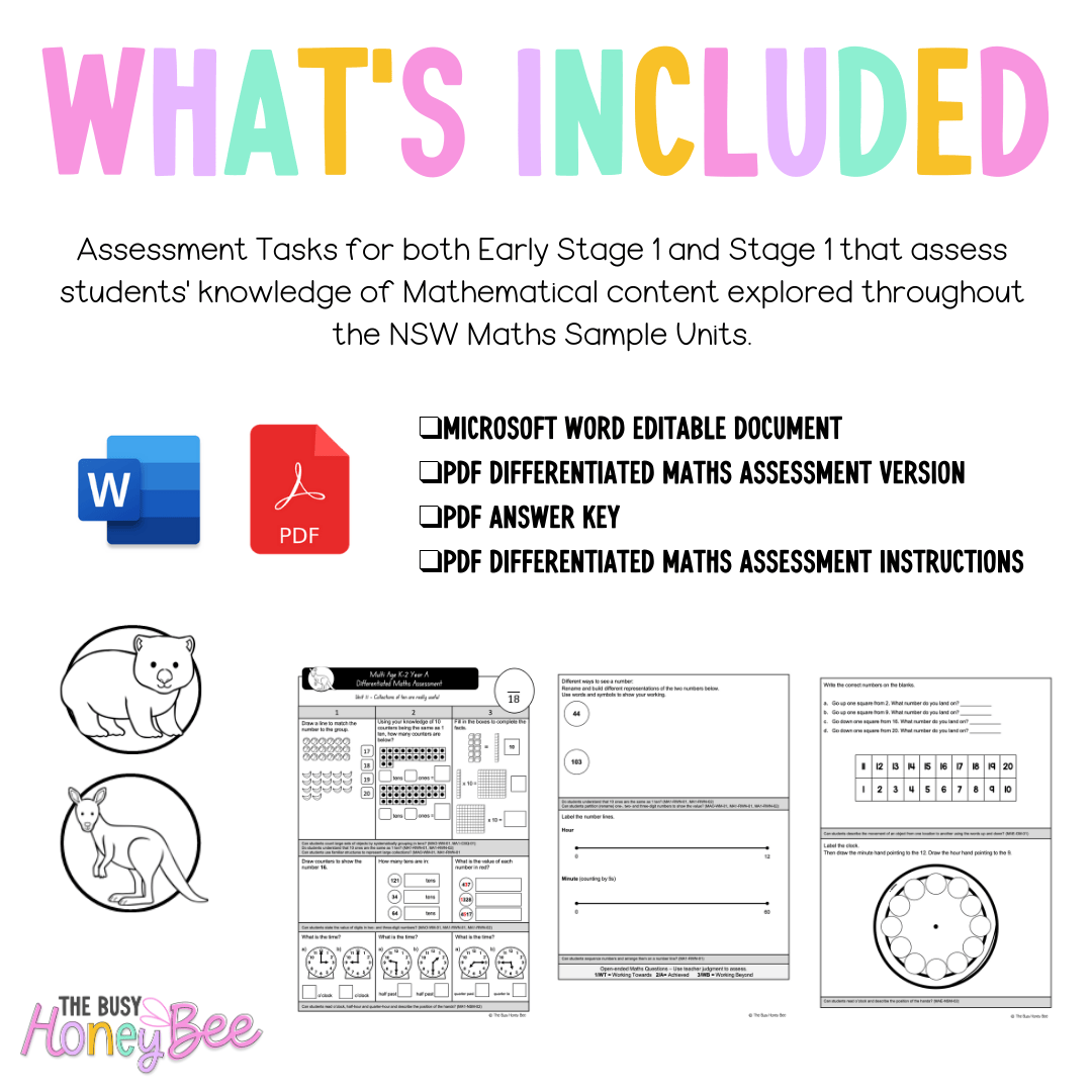 Multi Age K-2 Year A Differentiated NSW Maths Assessment Unit 11 - Assessment
