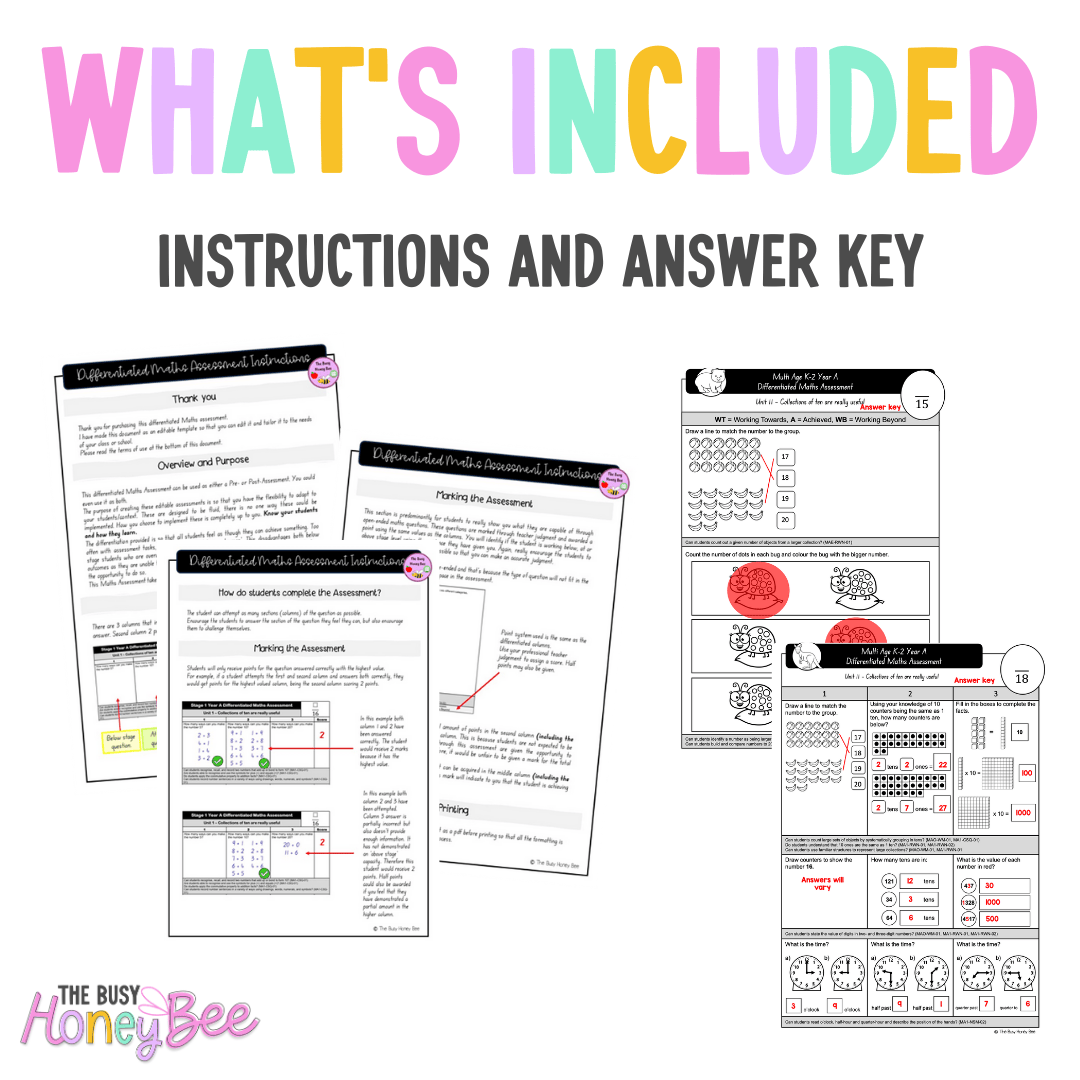Multi Age K-2 Year A Differentiated NSW Maths Assessment Unit 11 - Assessment