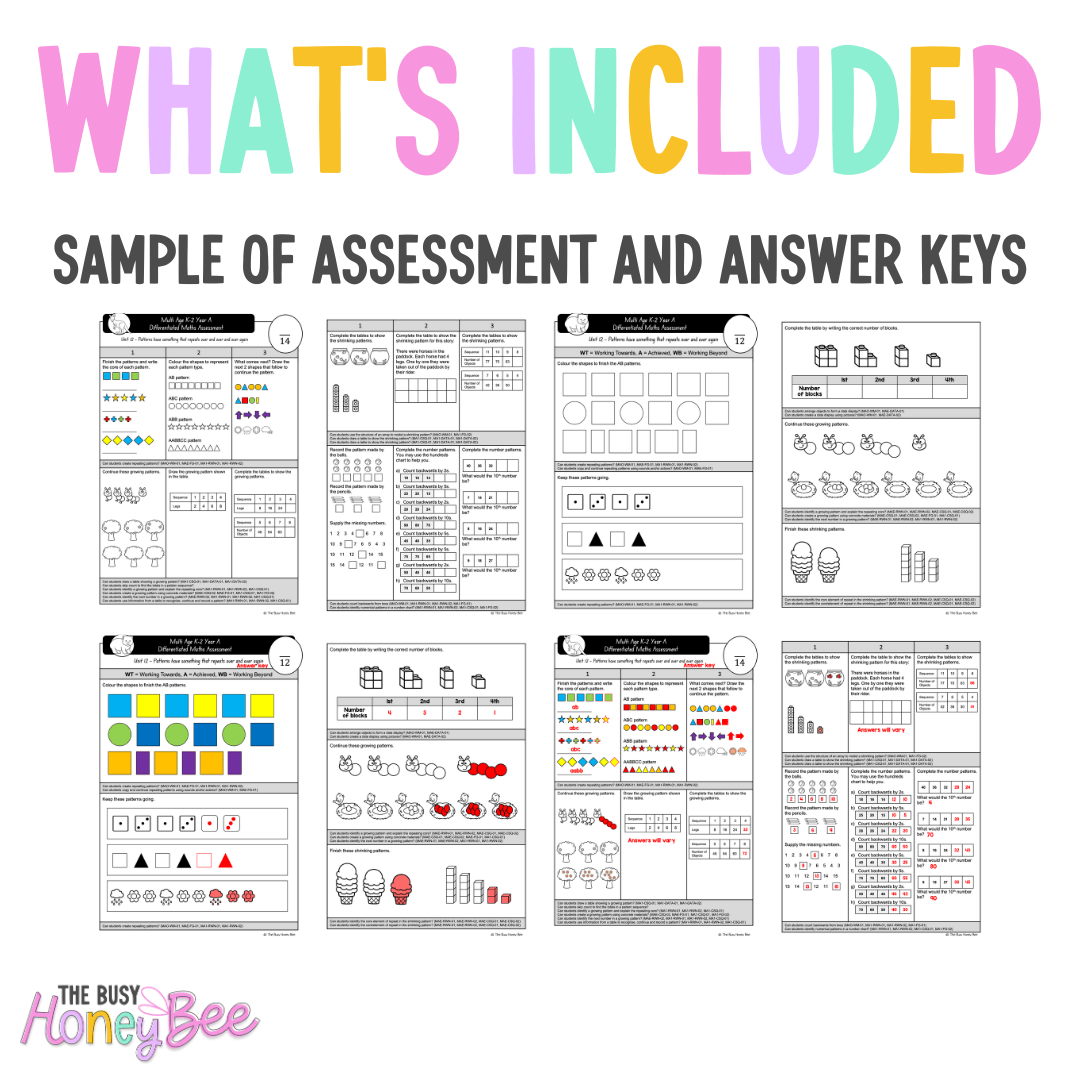 Multi Age K-2 Year A Differentiated NSW Maths Assessment Unit 12 - Assessment