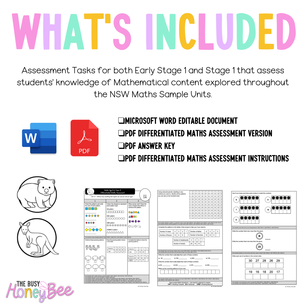 Multi Age K-2 Year A Differentiated NSW Maths Assessment Unit 12 - Assessment