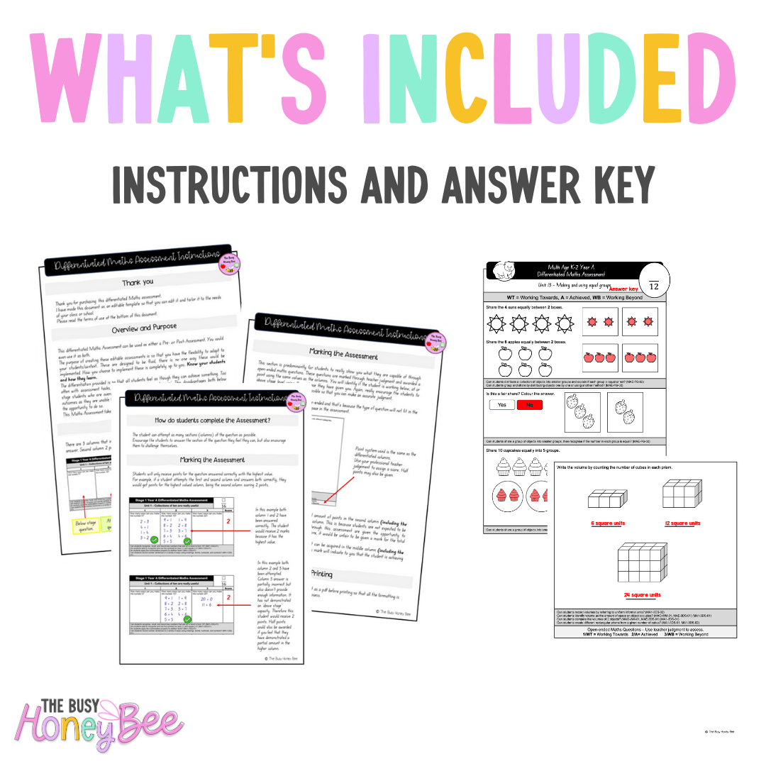 Multi Age K-2 Year A Differentiated NSW Maths Assessment Unit 13 - Assessment