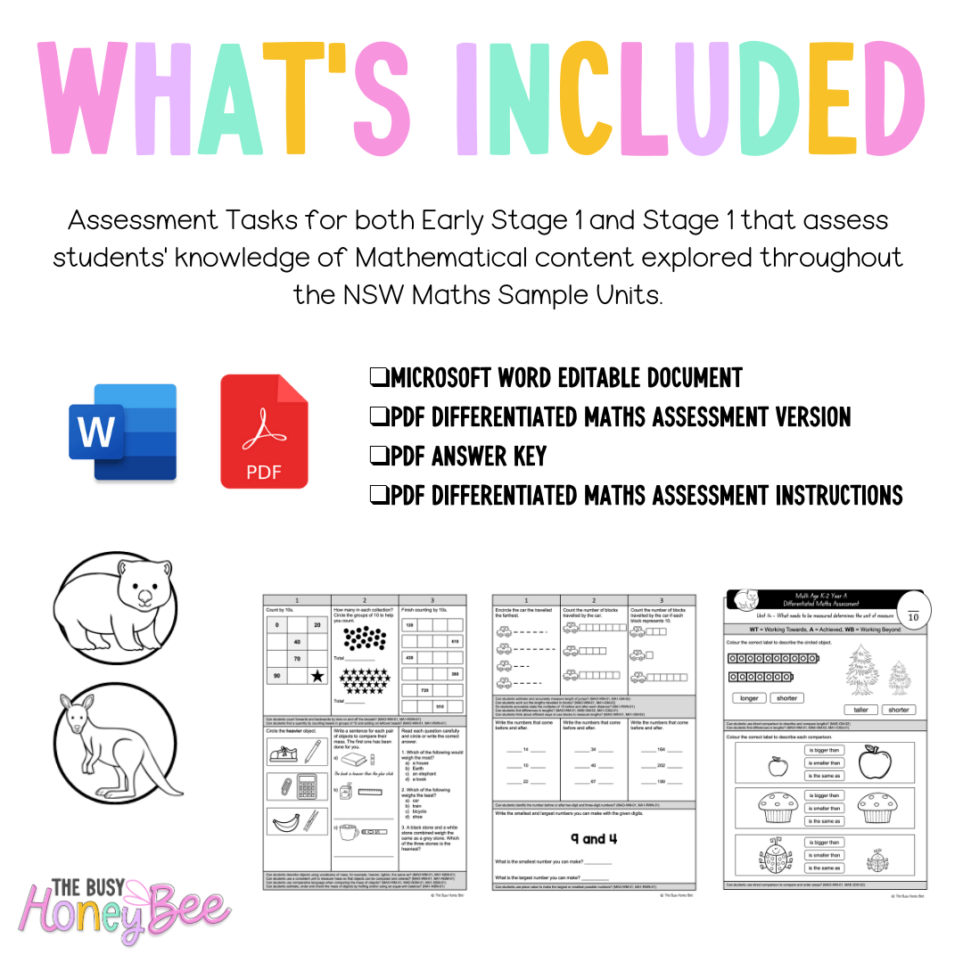 Multi Age K-2 Year A Differentiated NSW Maths Assessment Unit 14 - Assessment
