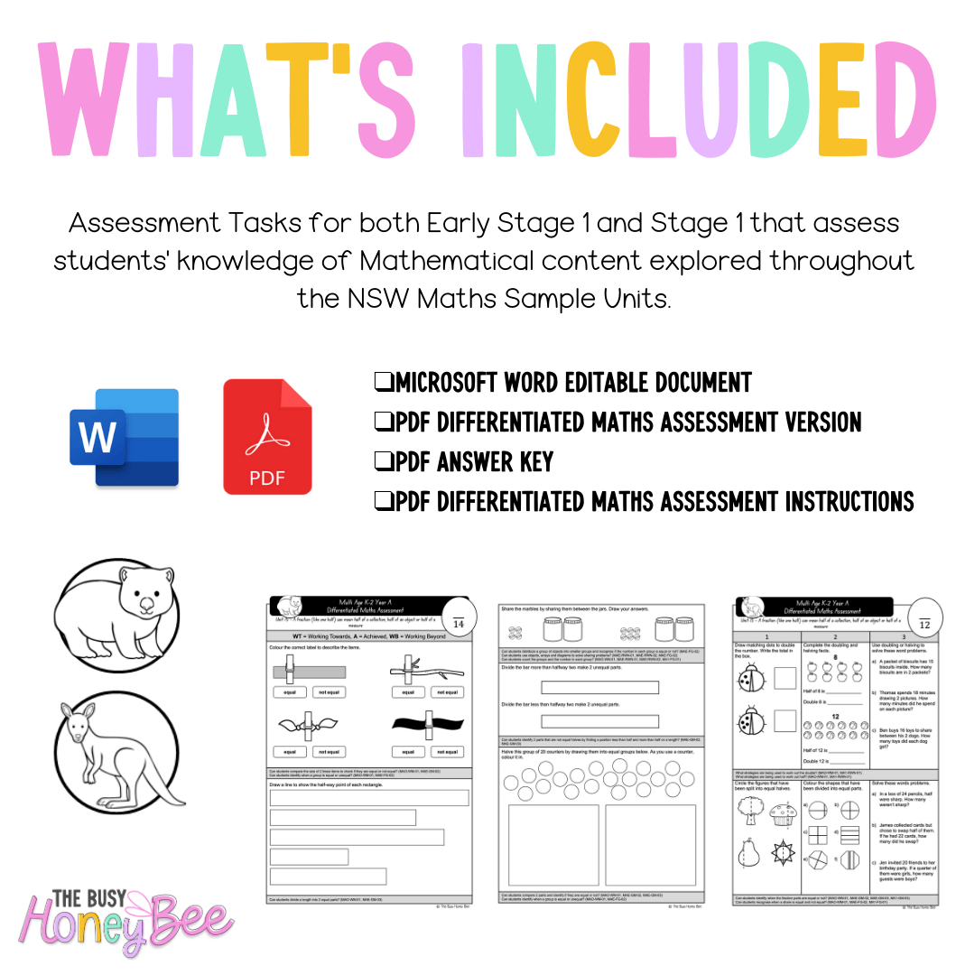 Multi Age K-2 Year A Differentiated NSW Maths Assessment Unit 15 - Assessment
