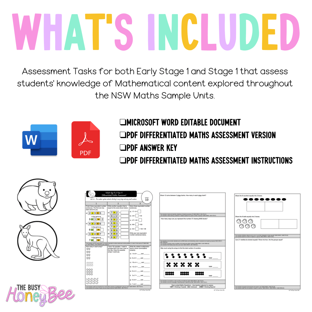 Multi Age K-2 Year A Differentiated NSW Maths Assessment Unit 16 - Assessment