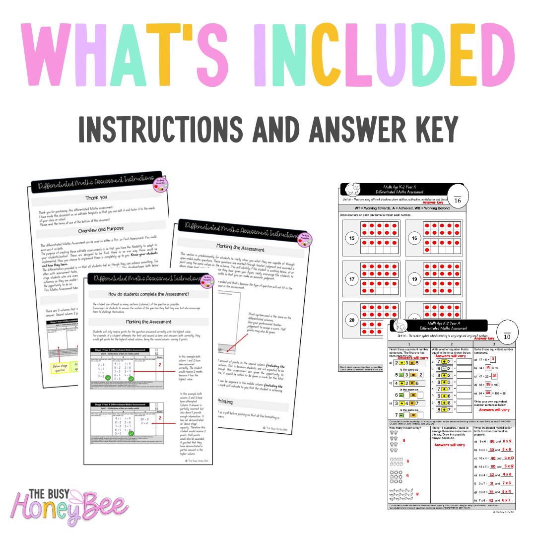 Multi Age K-2 Year A Differentiated NSW Maths Assessment Unit 16 - Assessment
