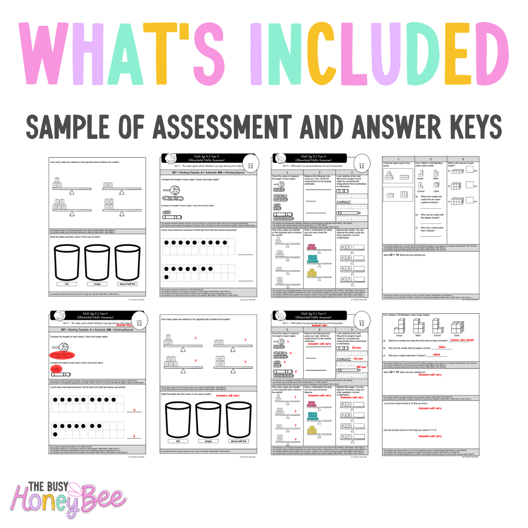 Multi Age K-2 Year A Differentiated NSW Maths Assessment Unit 17 - Assessment