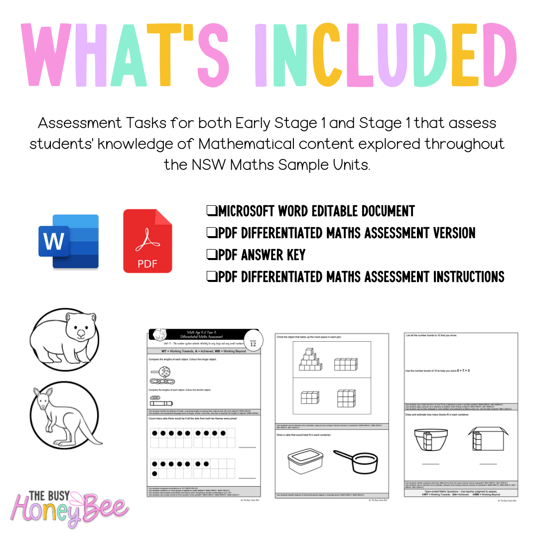 Multi Age K-2 Year A Differentiated NSW Maths Assessment Unit 17 - Assessment