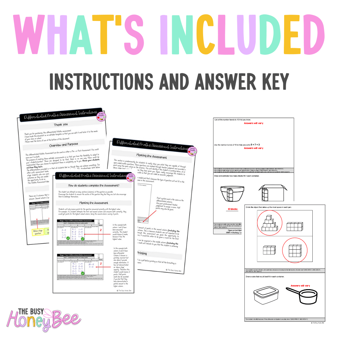 Multi Age K-2 Year A Differentiated NSW Maths Assessment Unit 17 - Assessment