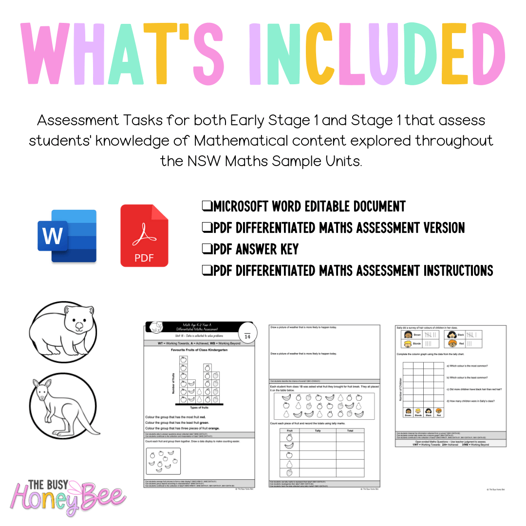 Multi Age K-2 Year A Differentiated NSW Maths Assessment Unit 18 - Assessment