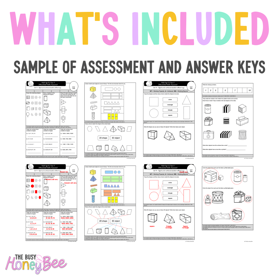 Multi Age K-2 Year A Differentiated NSW Maths Assessment Unit 19 - Assessment