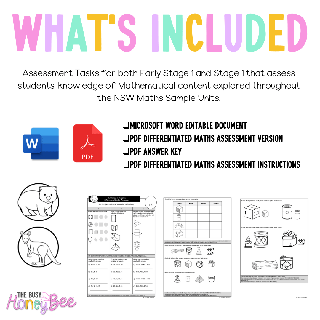 Multi Age K-2 Year A Differentiated NSW Maths Assessment Unit 19 - Assessment