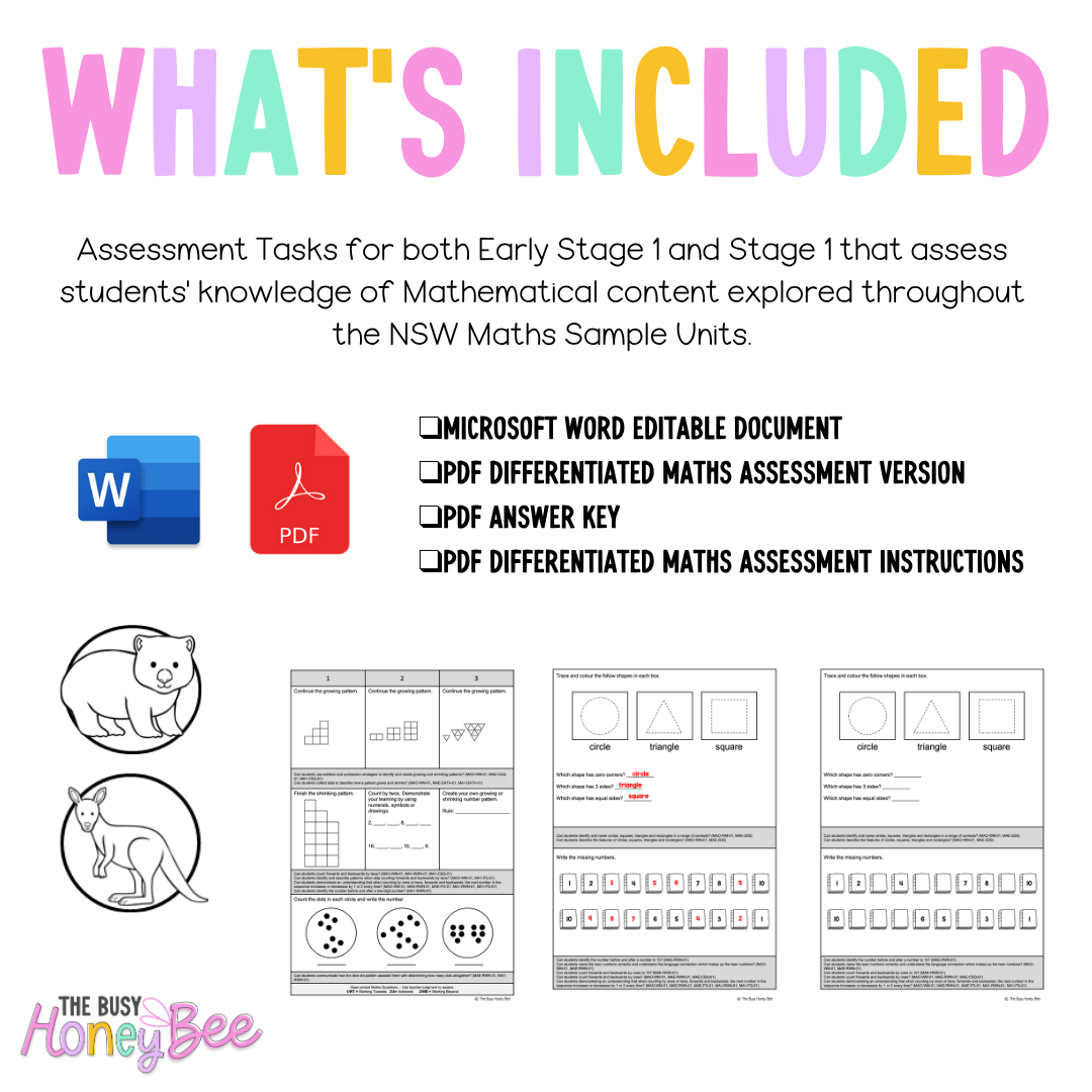 Multi Age K-2 Year A Differentiated NSW Maths Assessment Unit 2 - Assessment