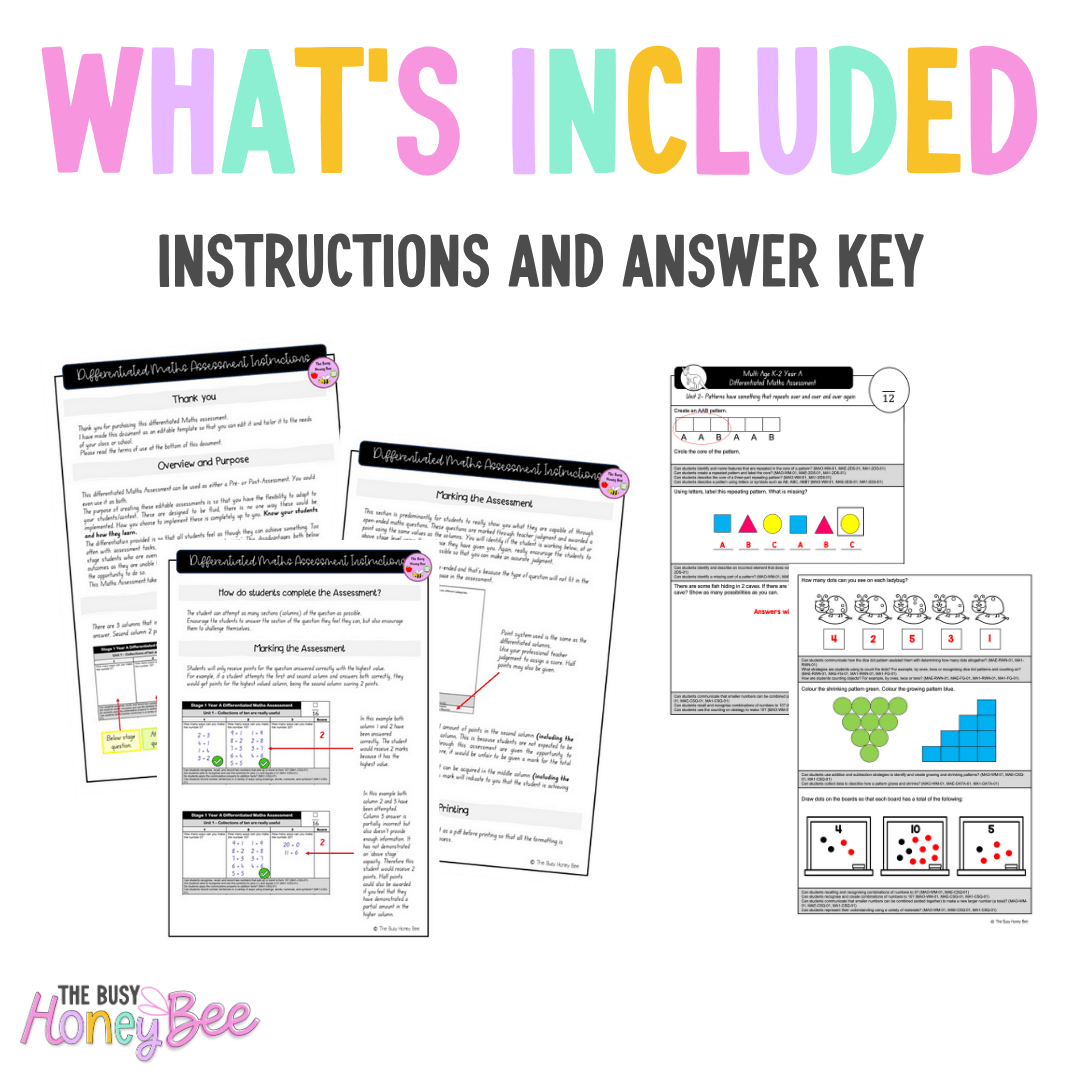 Multi Age K-2 Year A Differentiated NSW Maths Assessment Unit 2 - Assessment