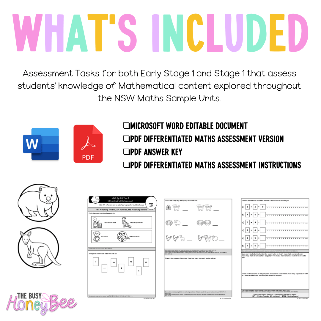 Multi Age K-2 Year A Differentiated NSW Maths Assessment Unit 20 - Assessment