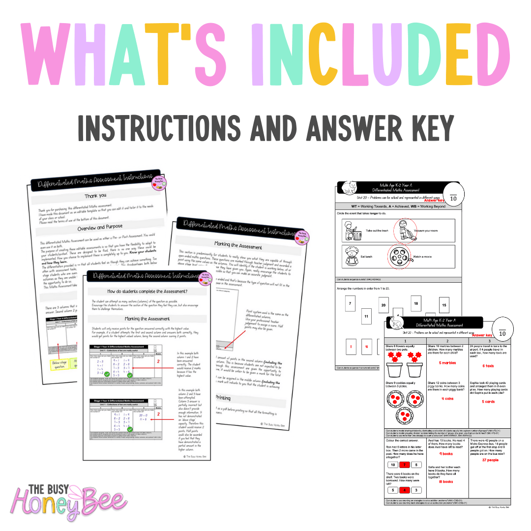 Multi Age K-2 Year A Differentiated NSW Maths Assessment Unit 20 - Assessment
