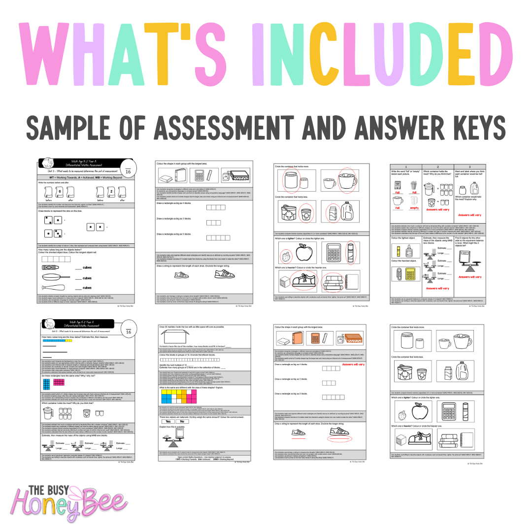Multi Age K-2 Year A Differentiated NSW Maths Assessment Unit 3 - Assessment