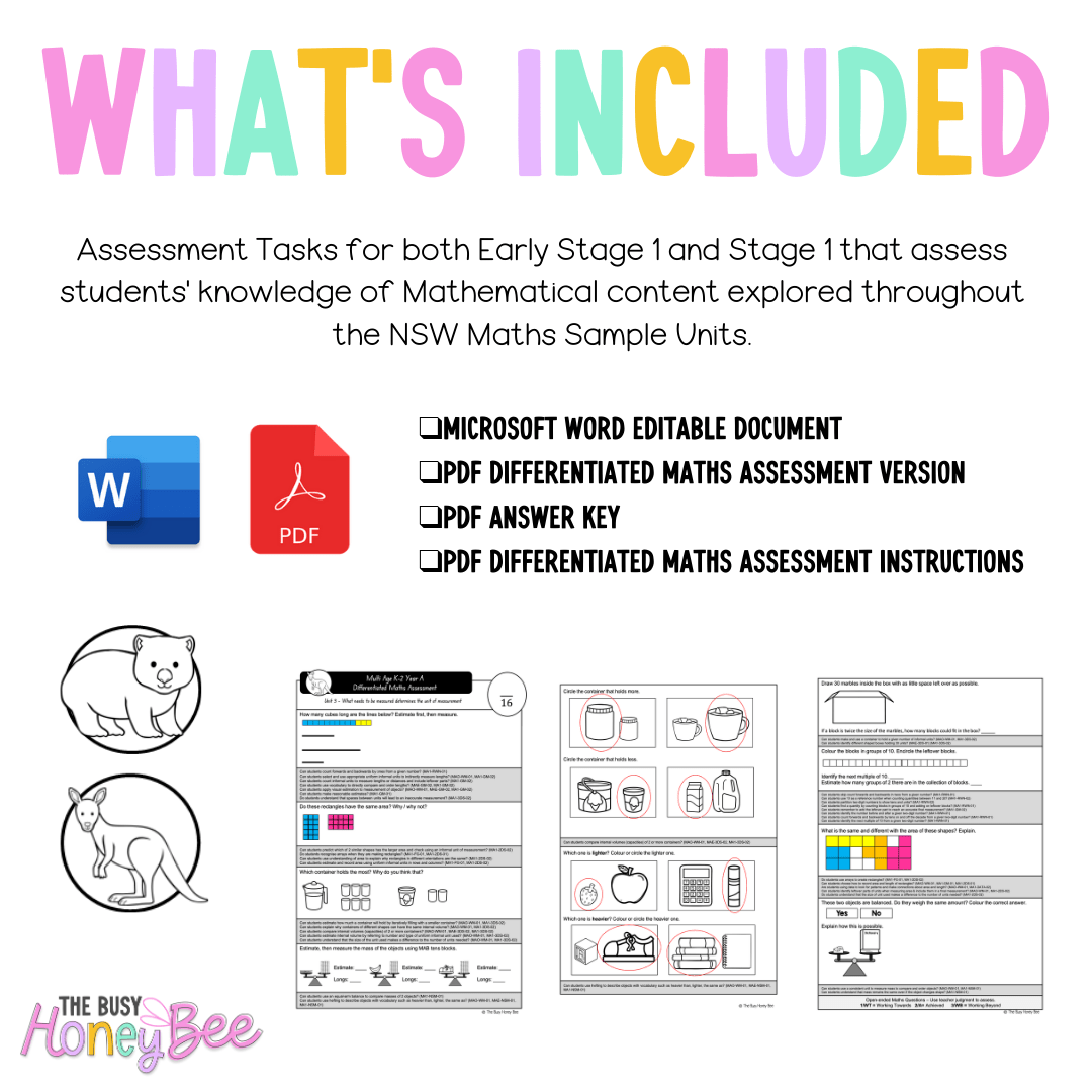 Multi Age K-2 Year A Differentiated NSW Maths Assessment Unit 3 - Assessment