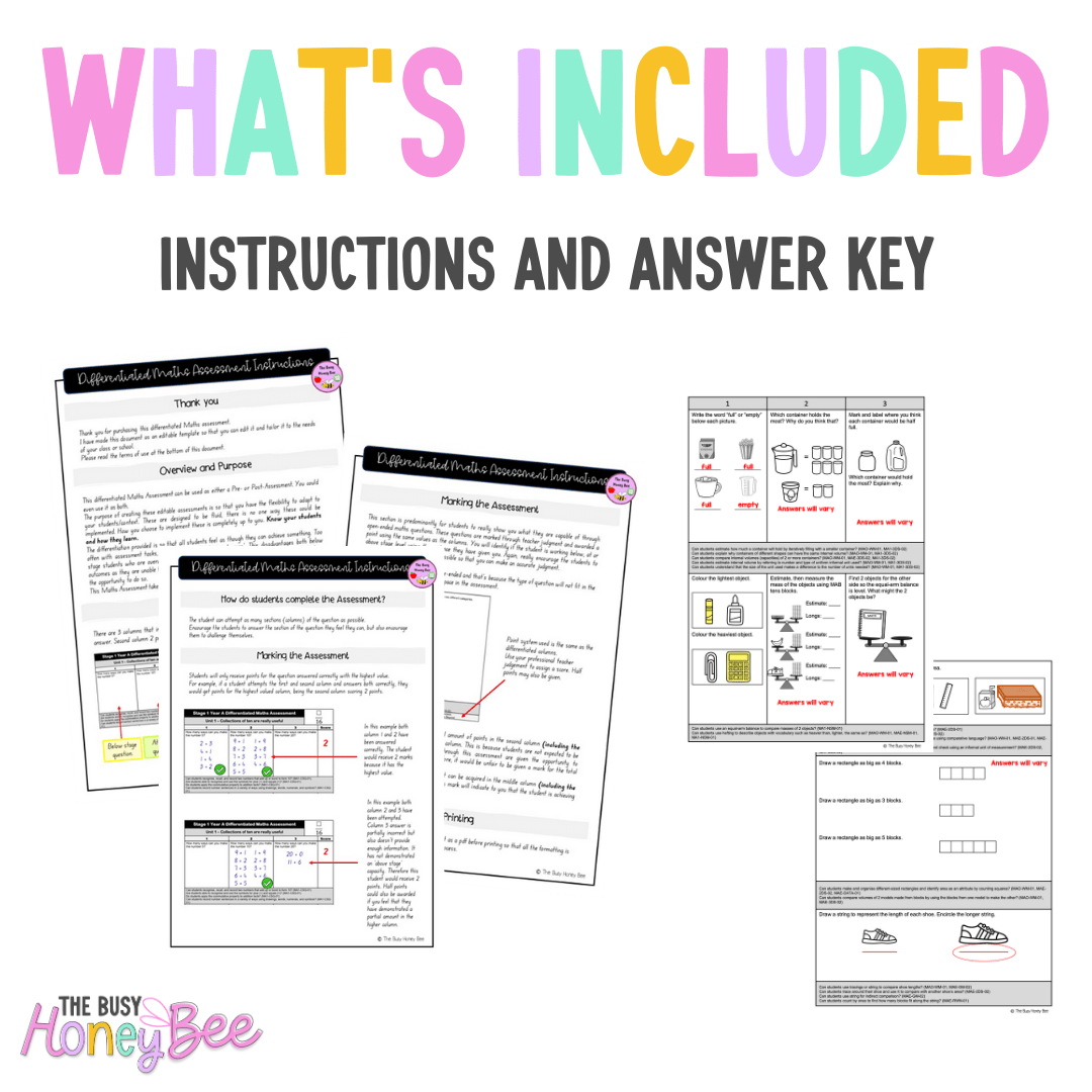 Multi Age K-2 Year A Differentiated NSW Maths Assessment Unit 3 - Assessment