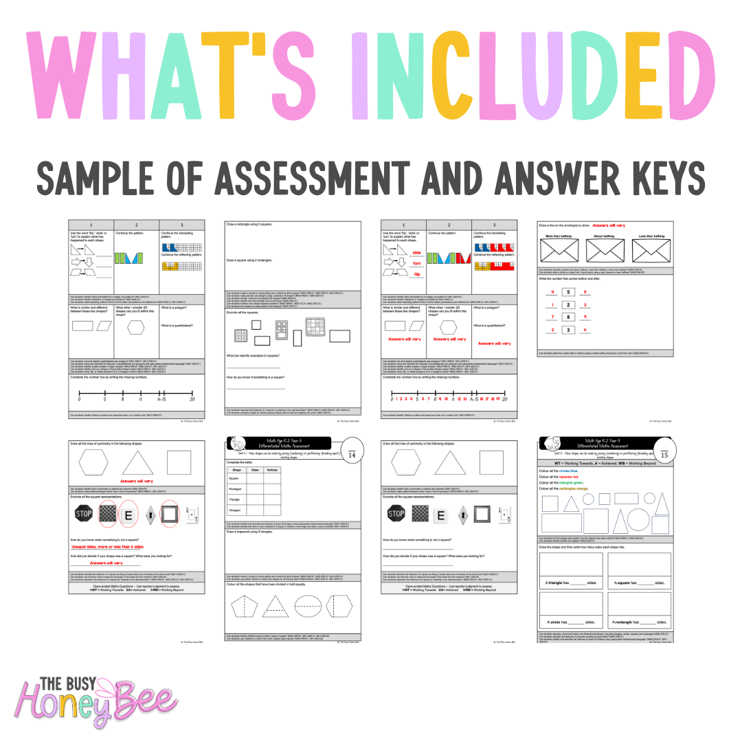 Multi Age K-2 Year A Differentiated NSW Maths Assessment Unit 5 - Assessment