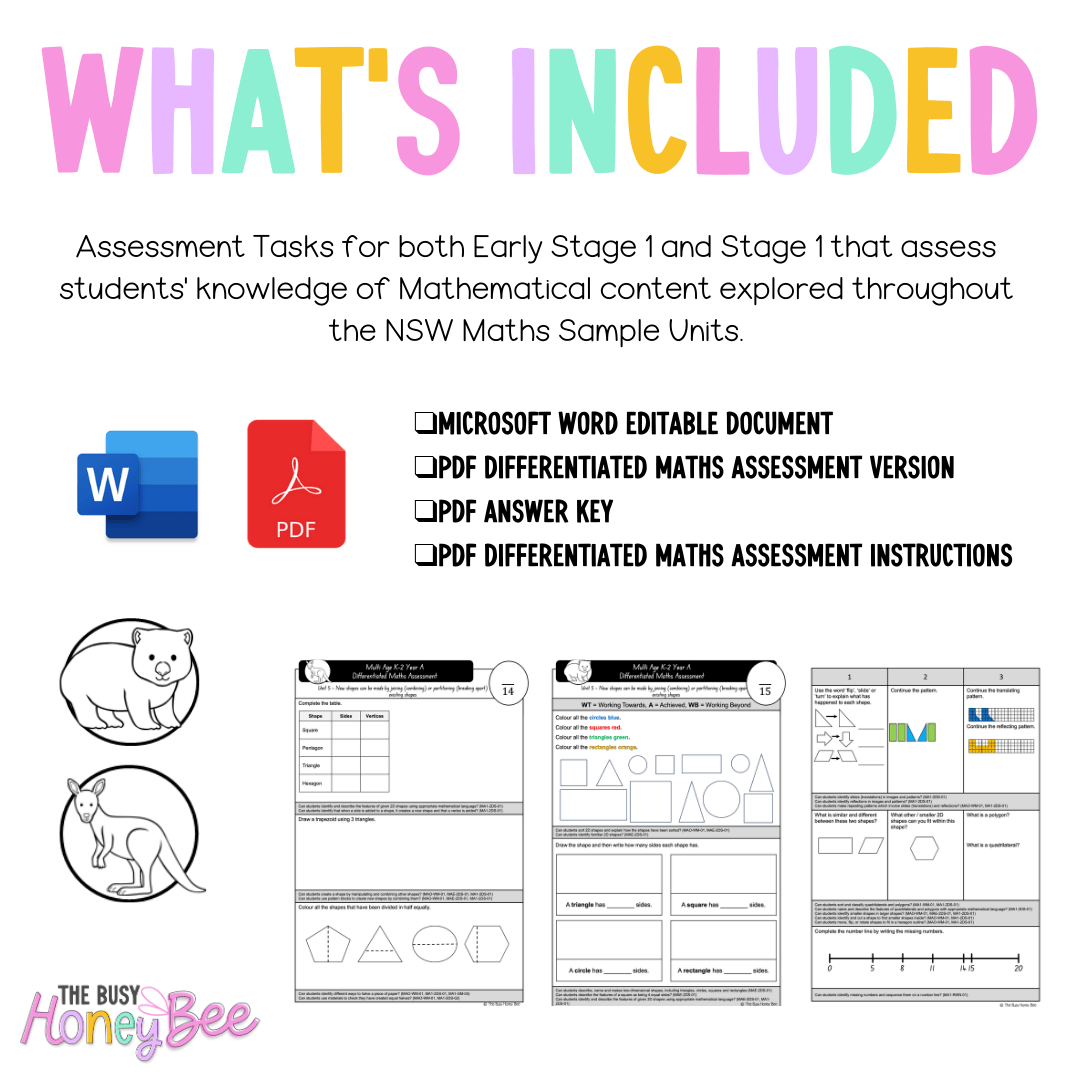 Multi Age K-2 Year A Differentiated NSW Maths Assessment Unit 5 - Assessment