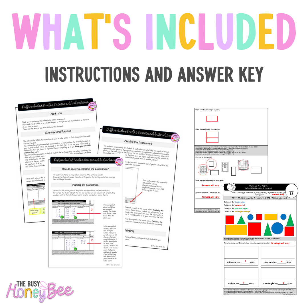 Multi Age K-2 Year A Differentiated NSW Maths Assessment Unit 5 - Assessment