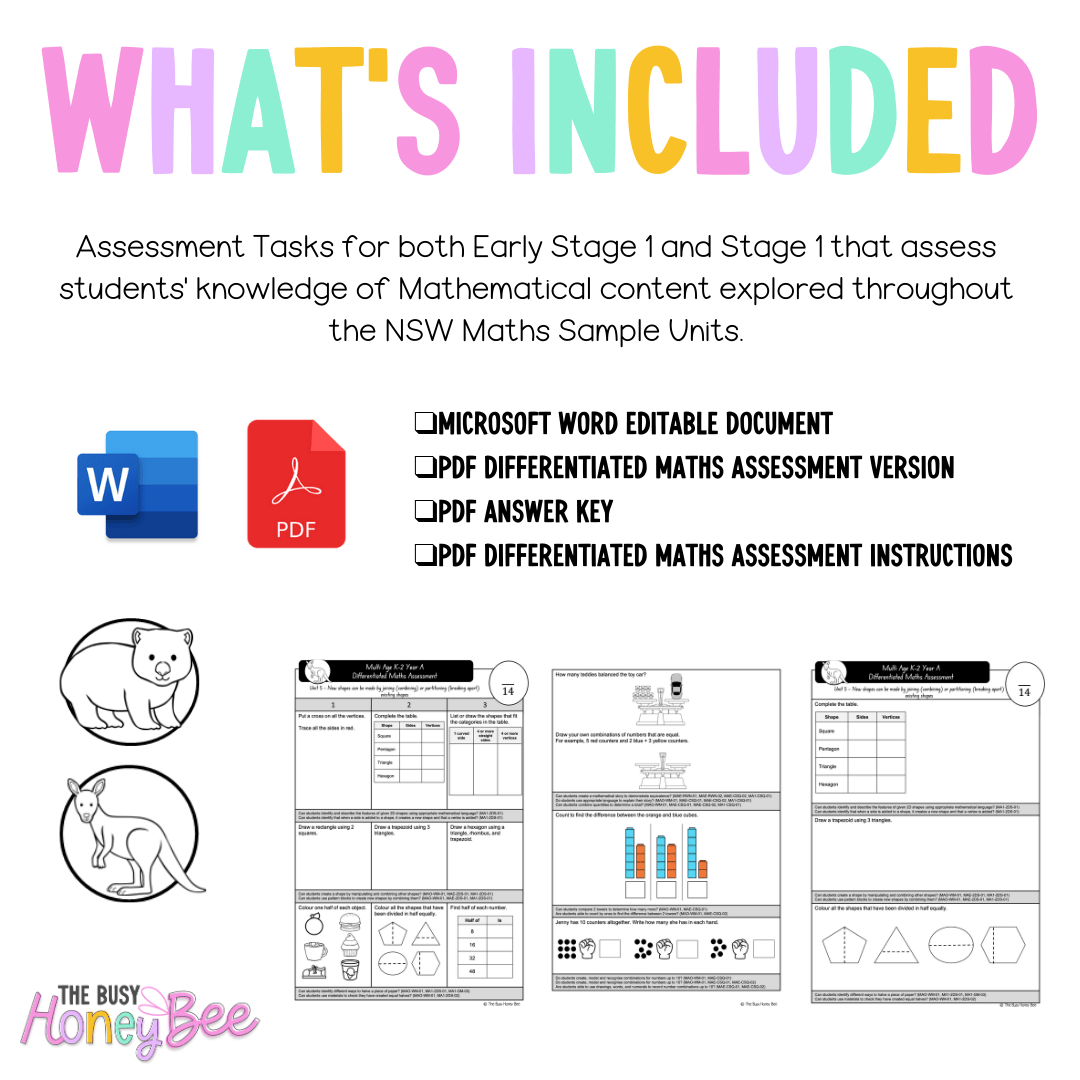 Multi Age K-2 Year A Differentiated NSW Maths Assessment Unit 6 - Assessment