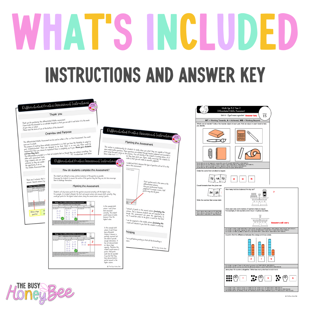 Multi Age K-2 Year A Differentiated NSW Maths Assessment Unit 6 - Assessment