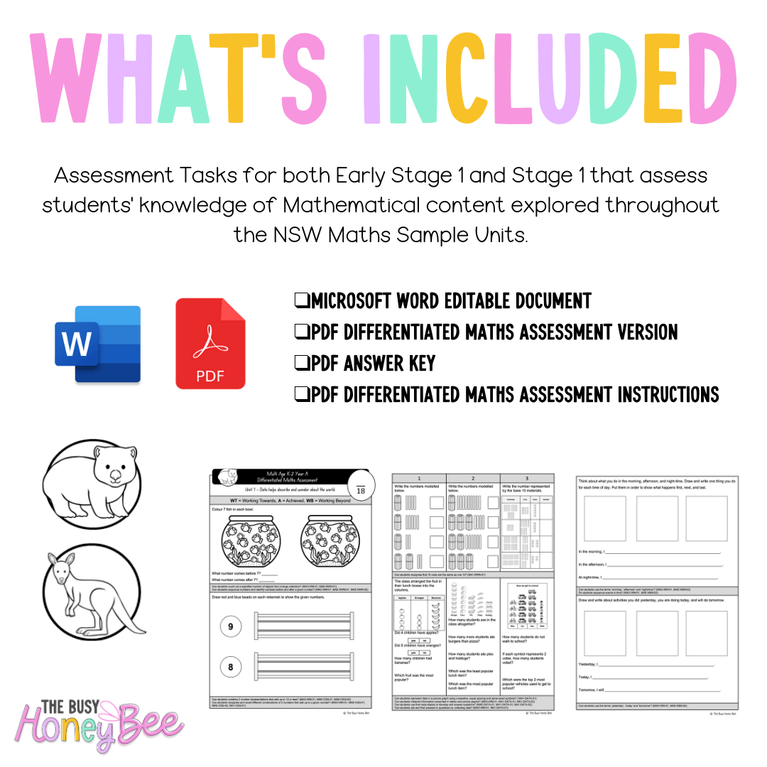 Multi Age K-2 Year A Differentiated NSW Maths Assessment Unit 7 - Assessment