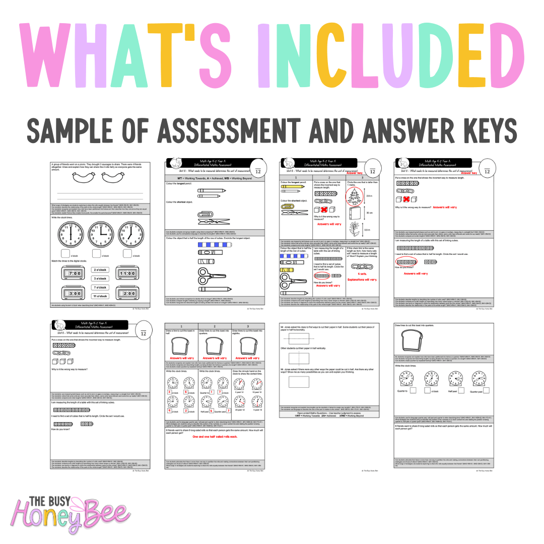 Multi Age K-2 Year A Differentiated NSW Maths Assessment Unit 8 - Assessment