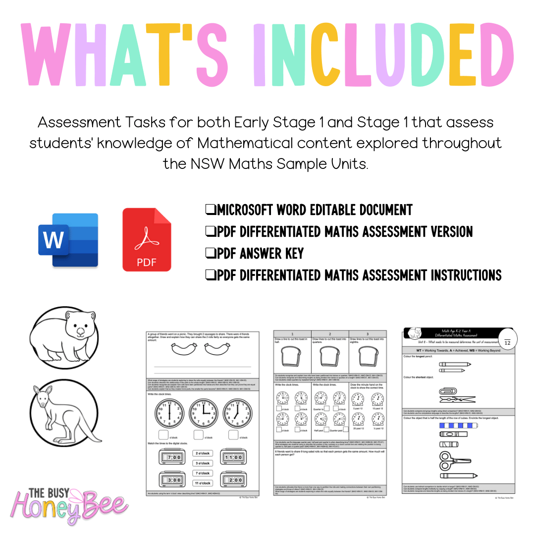 Multi Age K-2 Year A Differentiated NSW Maths Assessment Unit 8 - Assessment