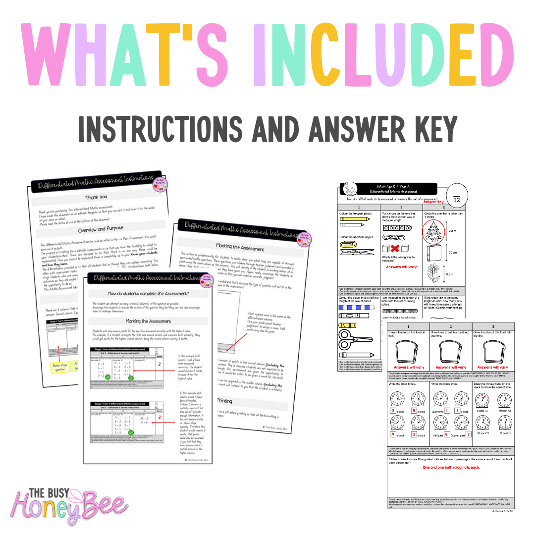 Multi Age K-2 Year A Differentiated NSW Maths Assessment Unit 8 - Assessment
