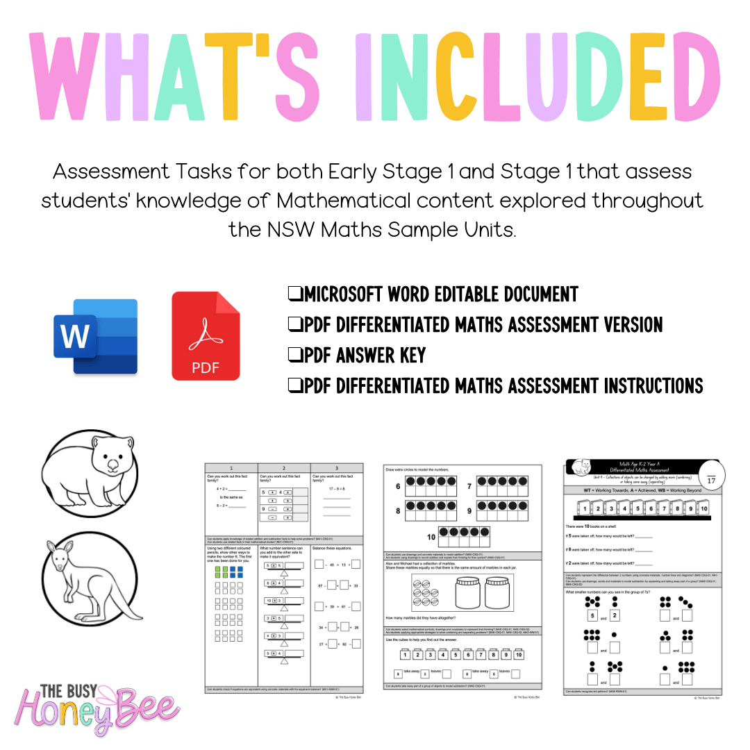 Multi Age K-2 Year A Differentiated NSW Maths Assessment Unit 9 - Assessment