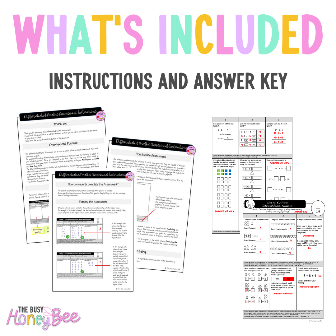 Multi Age K-2 Year A Differentiated NSW Maths Assessment Unit 9 - Assessment