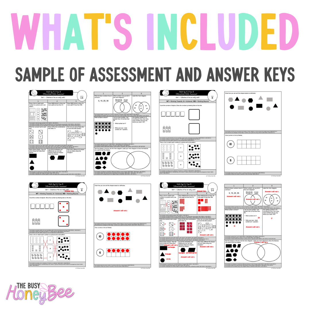 Multi Age K-2 Year B Differentiated NSW Maths Assessment Unit 1 - Assessment