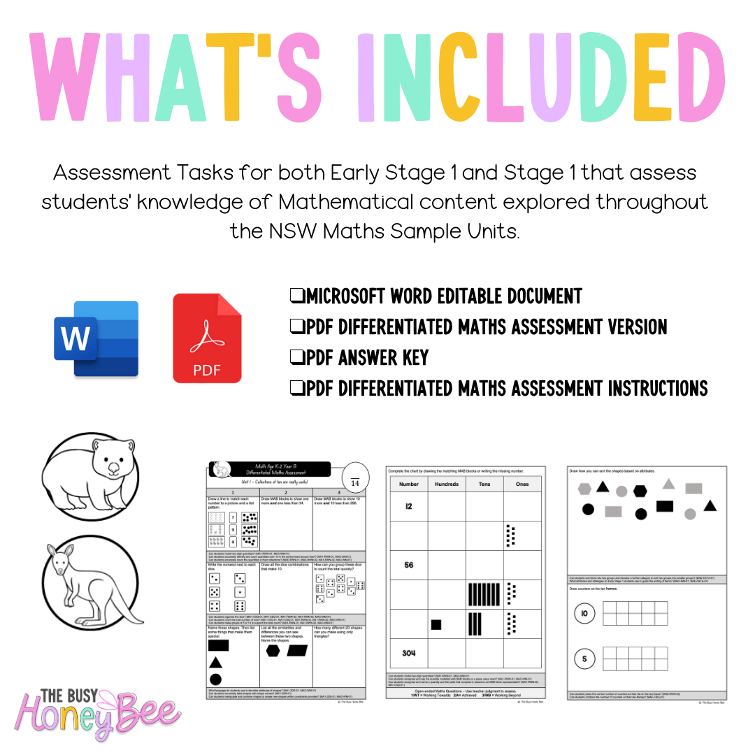 Multi Age K-2 Year B Differentiated NSW Maths Assessment Unit 1 - Assessment