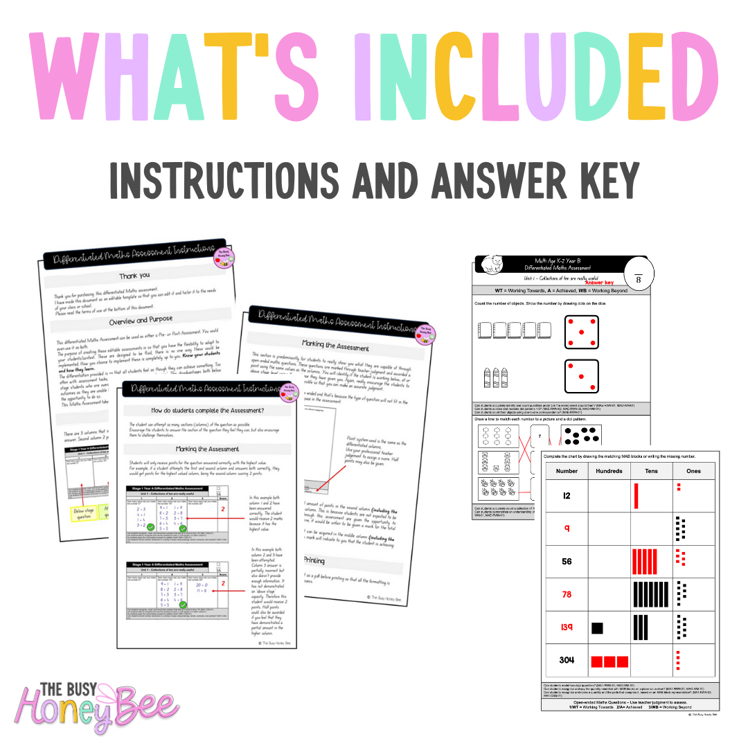 Multi Age K-2 Year B Differentiated NSW Maths Assessment Unit 1 - Assessment