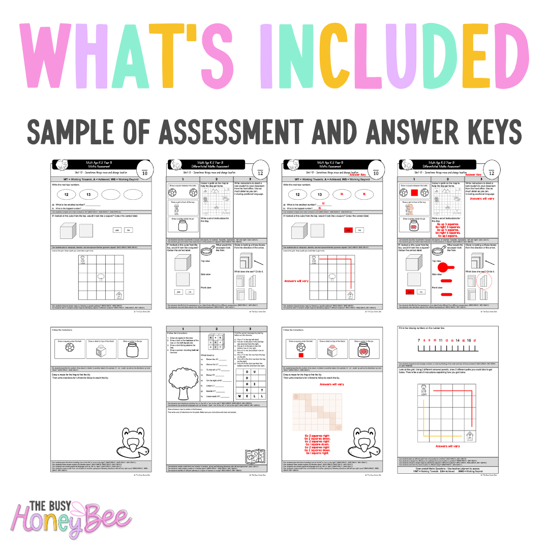 Multi Age K-2 Year B Differentiated NSW Maths Assessment Unit 10 - Assessment