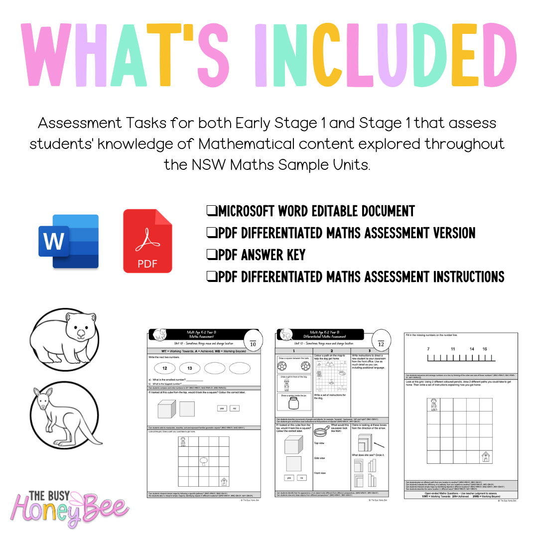Multi Age K-2 Year B Differentiated NSW Maths Assessment Unit 10 - Assessment