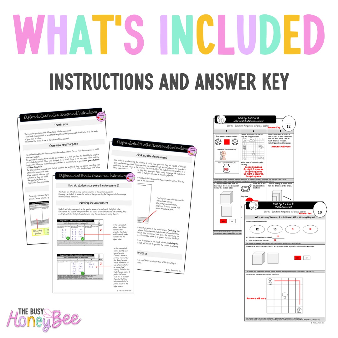 Multi Age K-2 Year B Differentiated NSW Maths Assessment Unit 10 - Assessment