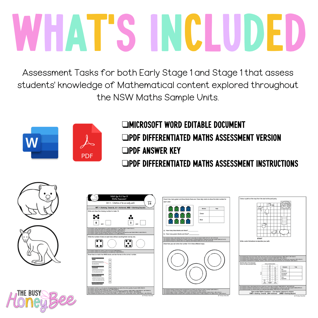 Multi Age K-2 Year B Differentiated NSW Maths Assessment Unit 11 - Assessment