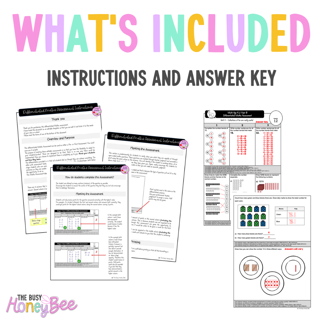 Multi Age K-2 Year B Differentiated NSW Maths Assessment Unit 11 - Assessment