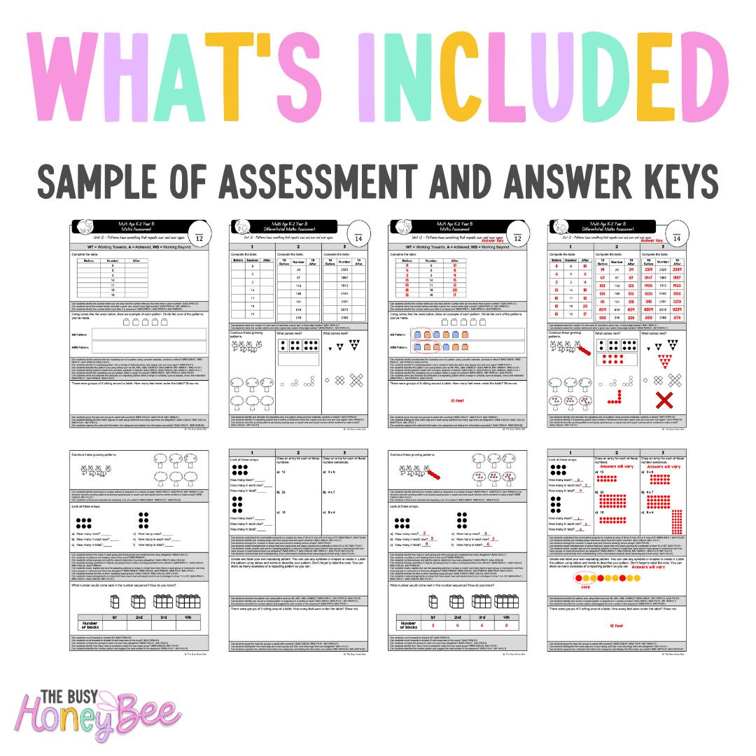 Multi Age K-2 Year B Differentiated NSW Maths Assessment Unit 12 - Assessment