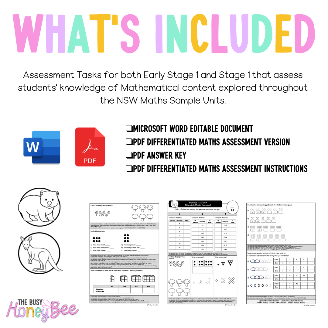 Multi Age K-2 Year B Differentiated NSW Maths Assessment Unit 12 - Assessment